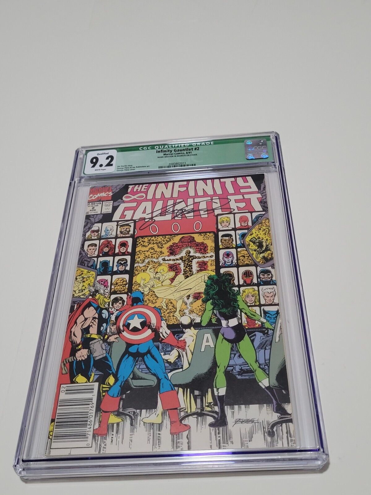 Infinity Gauntlet #2 Newsstand CGC 9.2 George Perez Signed Cover 1991 Thanos MCU
