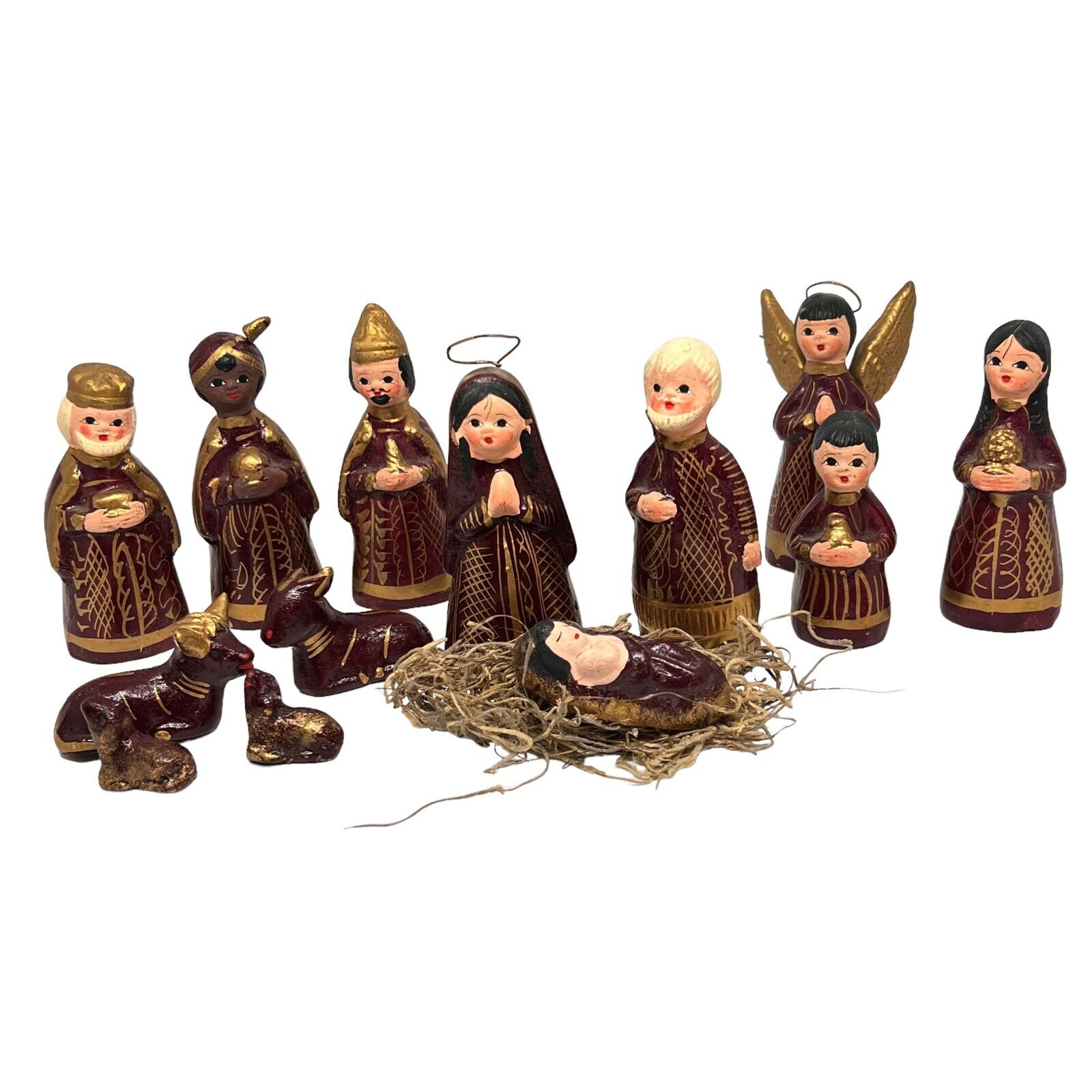 Vintage Mexican Pottery Nativity 14 Piece Set Christmas Folk Art Figurines