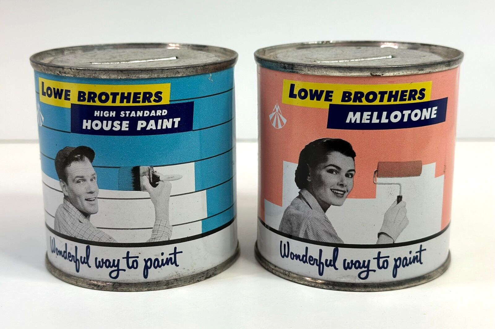 Vintage Lowe Brothers tin banks House Paint & mellotone lot of 2