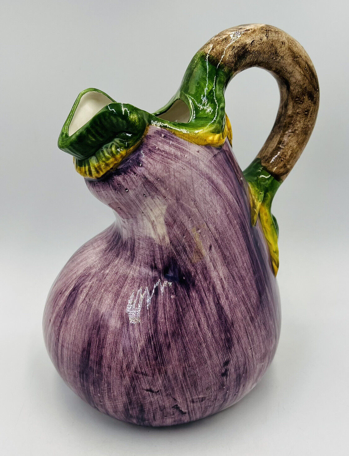 Vtg Bassano Pottery Italian Majolica Ceramic Eggplant Pitcher Hand Painted