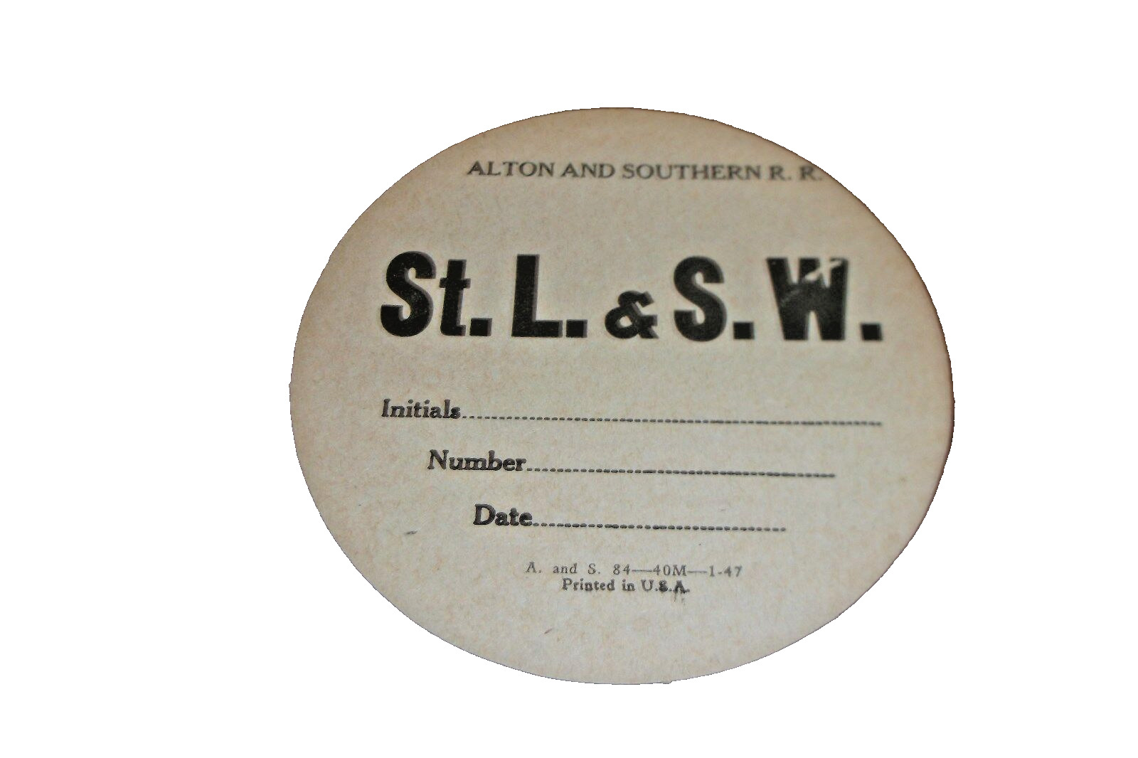 JANUARY 1947 ALTON & SOUTHERN BLANK UNUSED EMPTY CAR WAY BILL TO THE SSW
