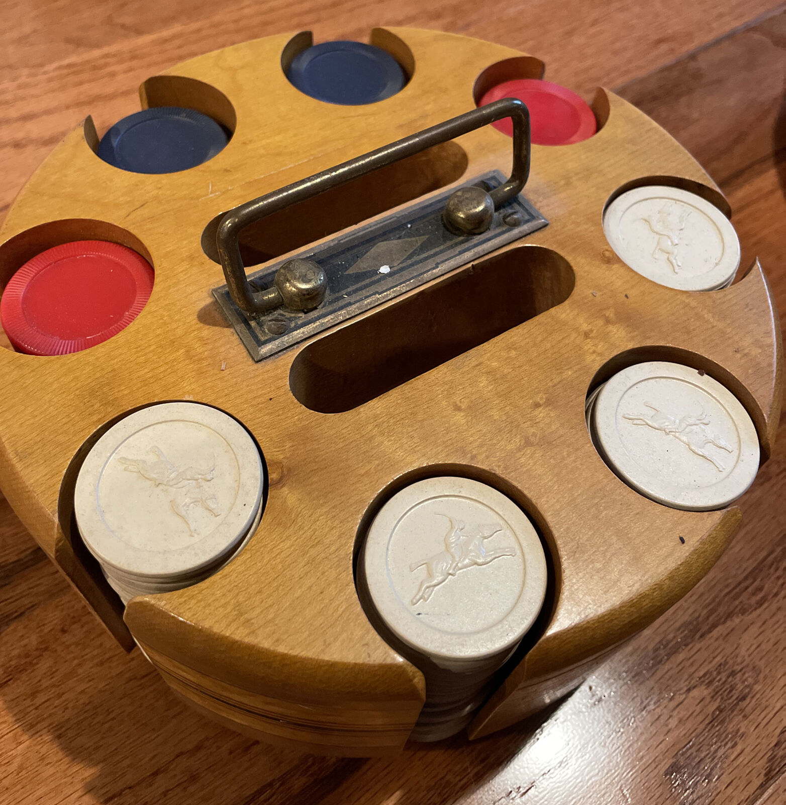 Vintage Poker Chip Set /Rotating Wooden Carousel Caddy