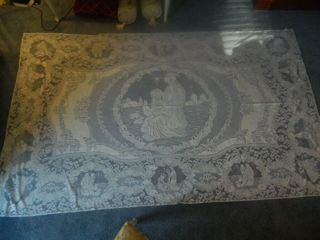 Vintage Jesus Mary Joseph Crochet White Linen Tablecloth 100\