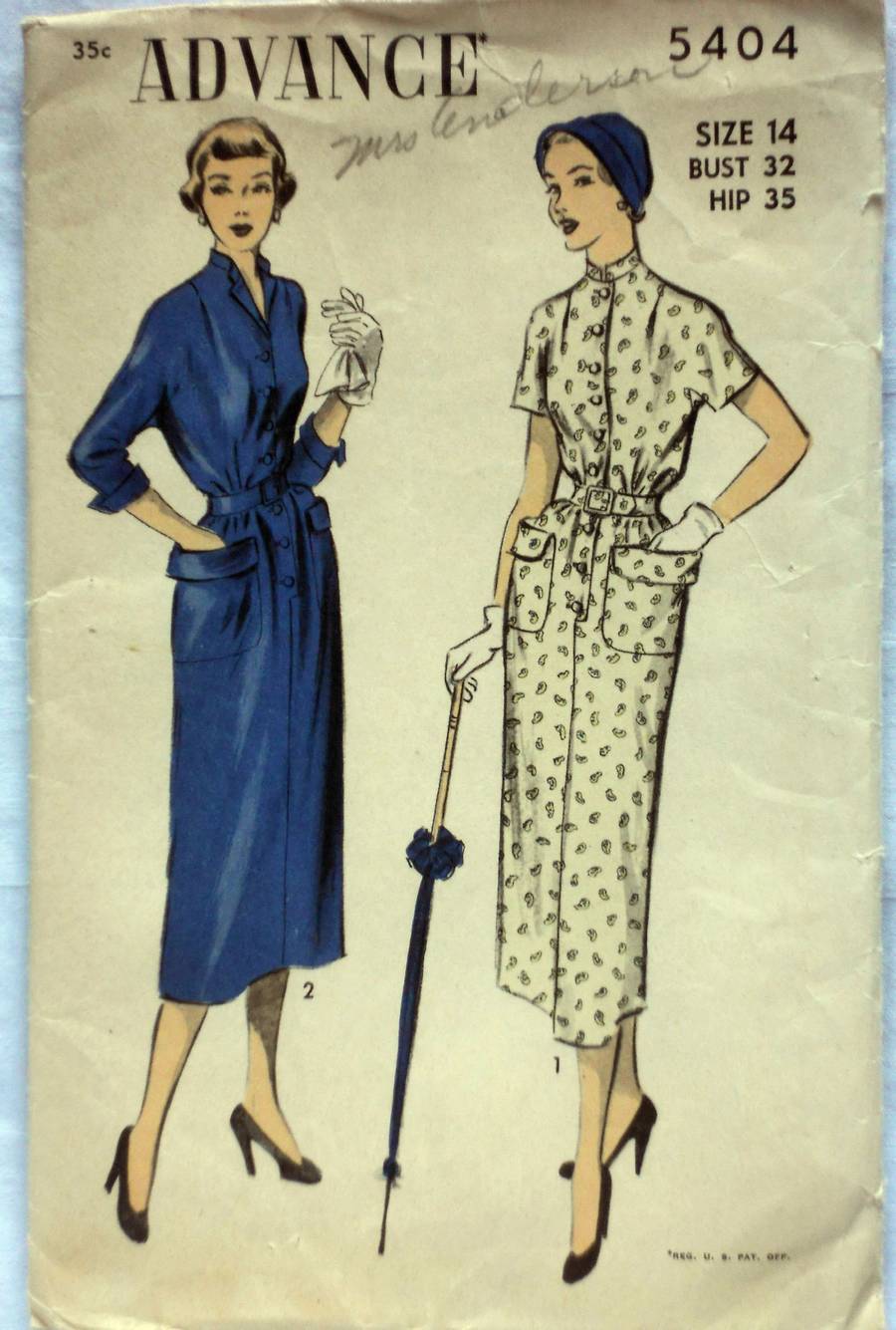 Vintage 40s Advance Belted Slim Dress Sewing Pattern #5404 Size 14 Bust 32