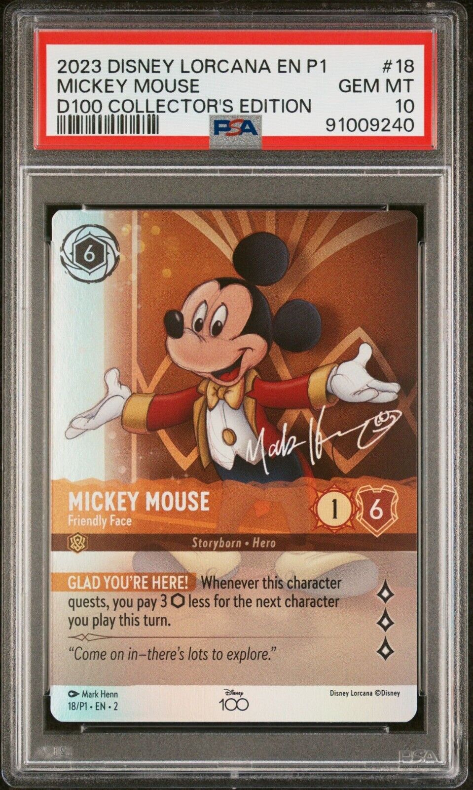 Disney Lorcana Mickey Mouse Friendly Face D100 Collector\'s Edition 18/P1 PSA 10
