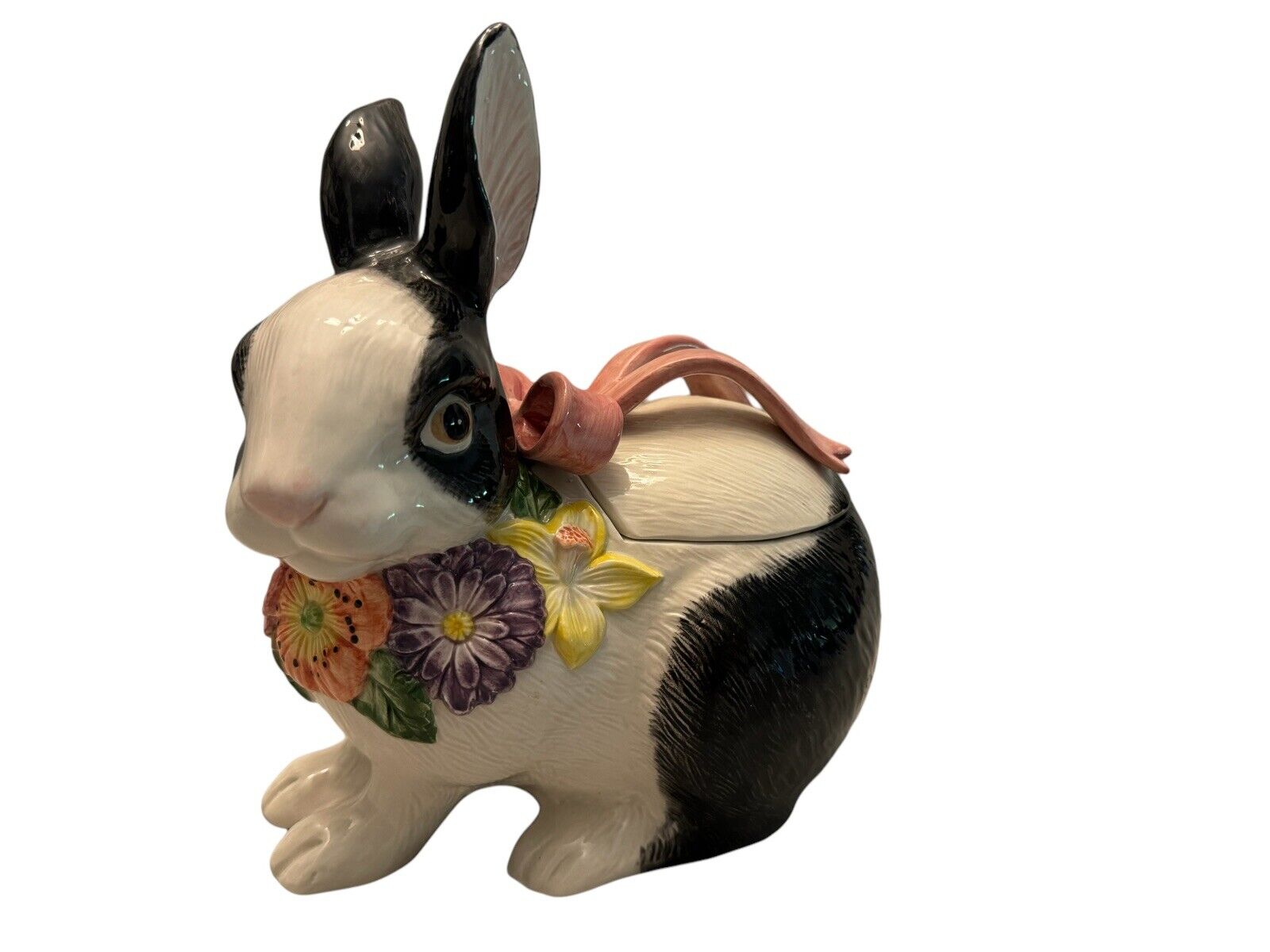 Fitz And Floyd 1995 Pansy Parade Black Bunny Rabbit Lidded Candy Dish 10”H x 9”W