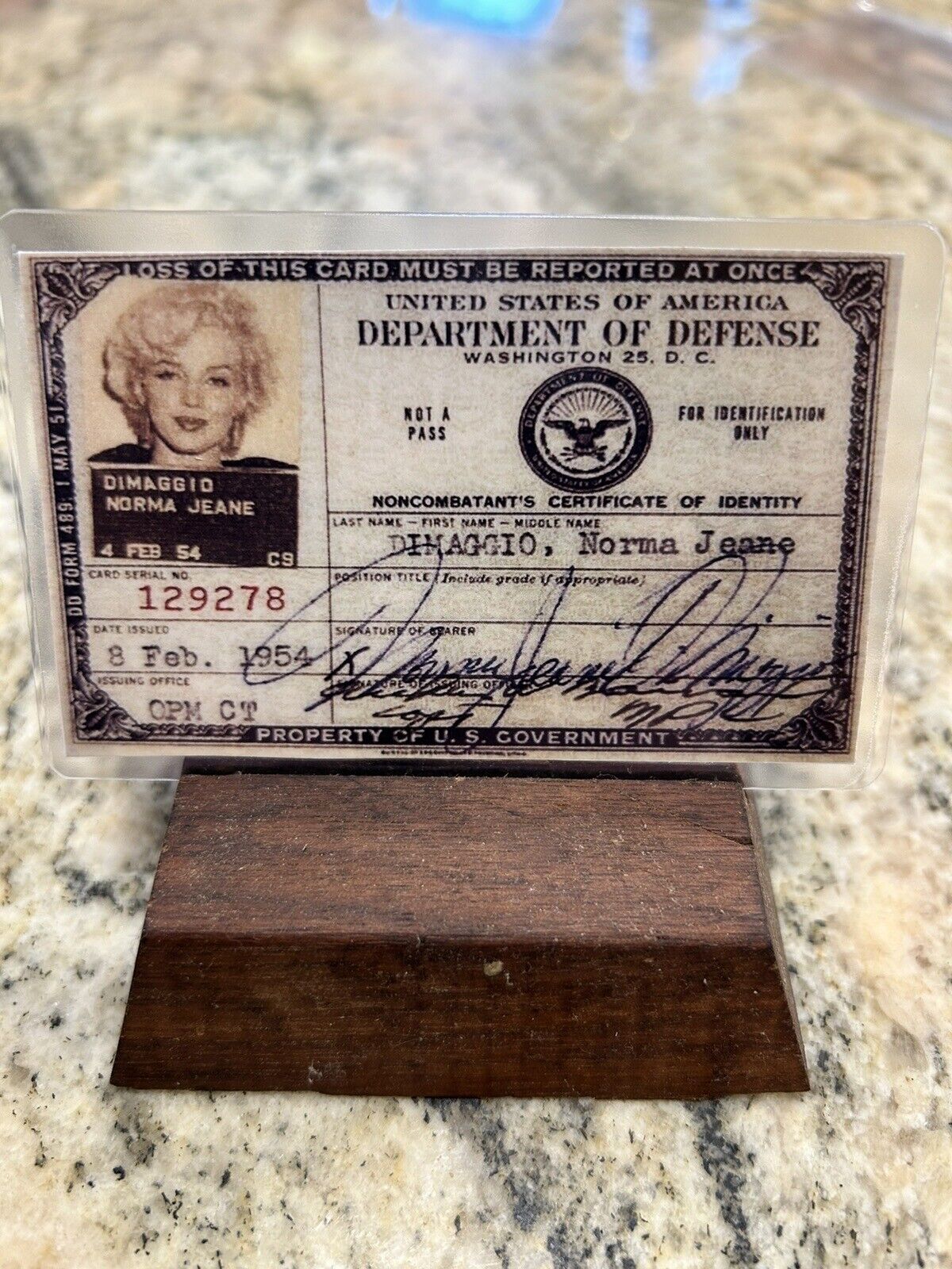 Marilyn Monroe DOD Identification Card when She Entertained Our Troops.
