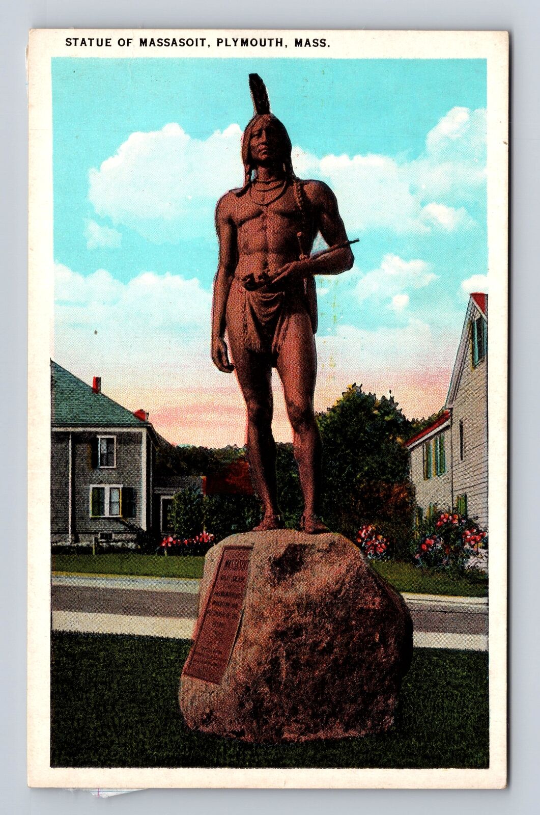 Plymouth MA-Massachusetts, Statue of Massasoit, Antique Vintage Postcard