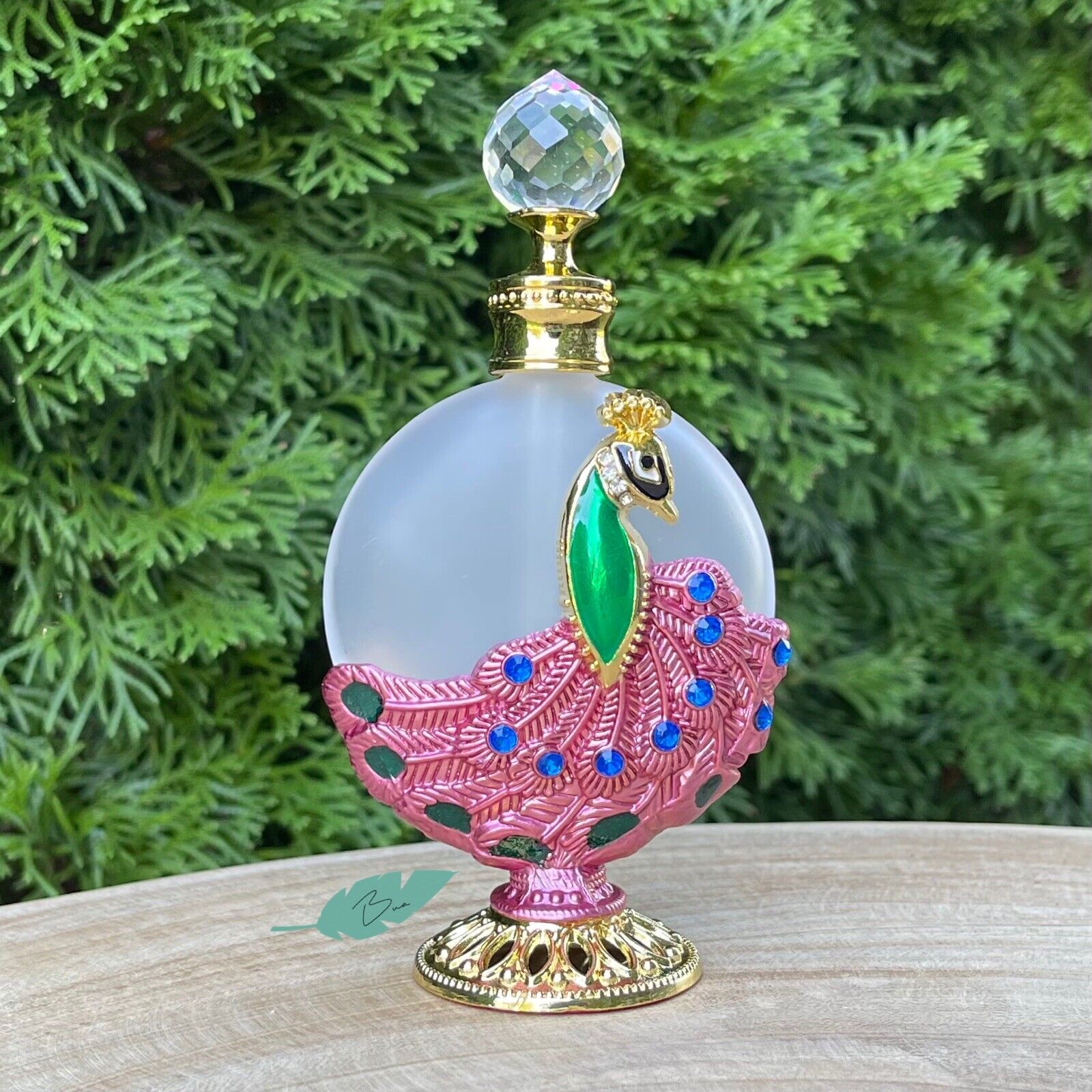 Peacock Feather Vintage-Style Metal Glass Oil Perfume Bottle 30mL Fandango Pink