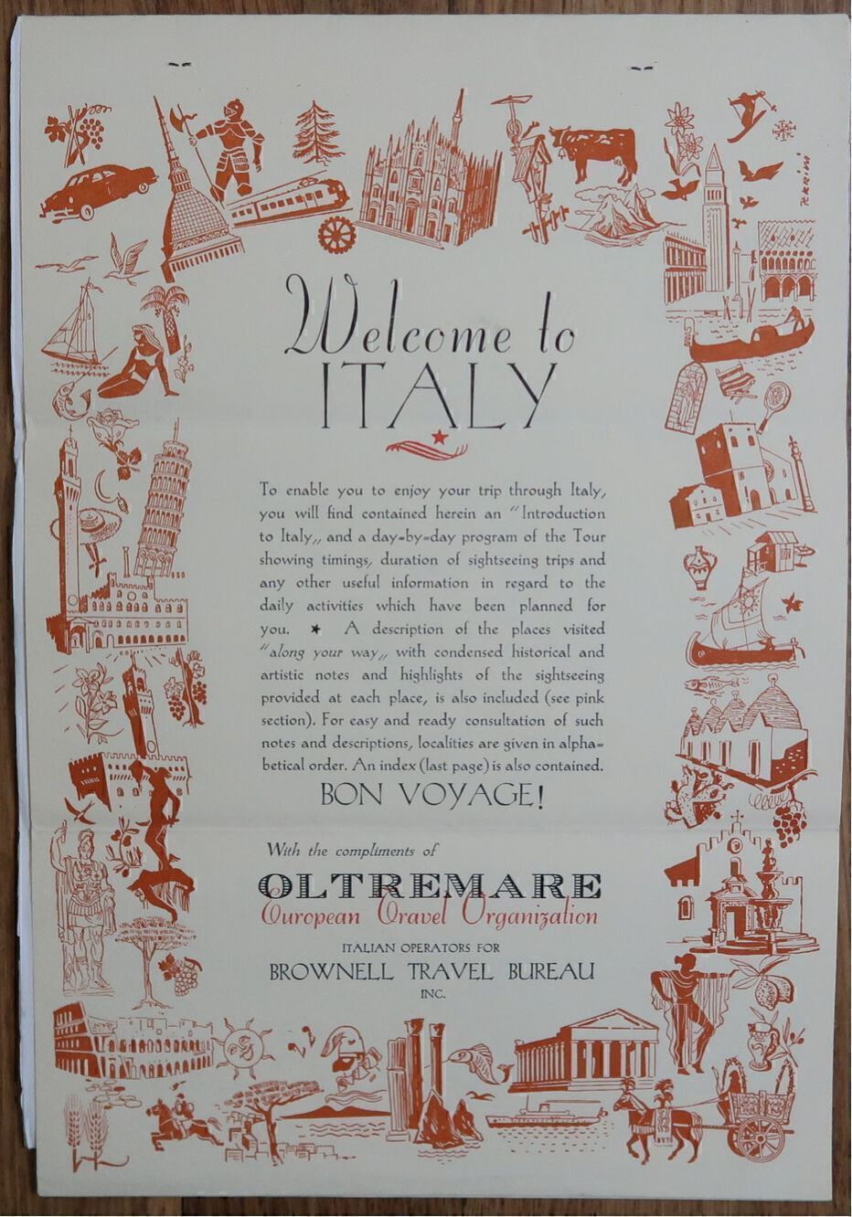 c1955 OLTREMARE EUROPEAN TRAVEL WELCOME TO ITALY DAY BY DAY ITINERARY BROWNWELL