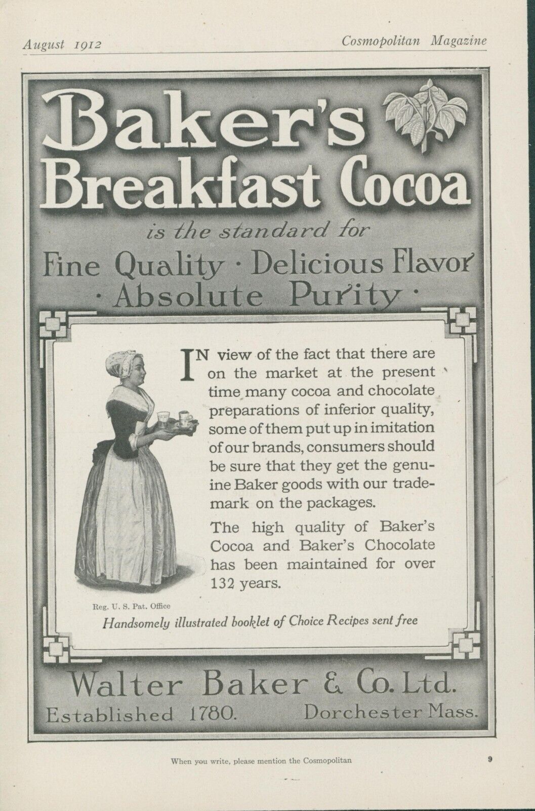 1912 Bakers Breakfast Cocoa Server Tray Glasses Recipe Book Offer Print Ad CO4