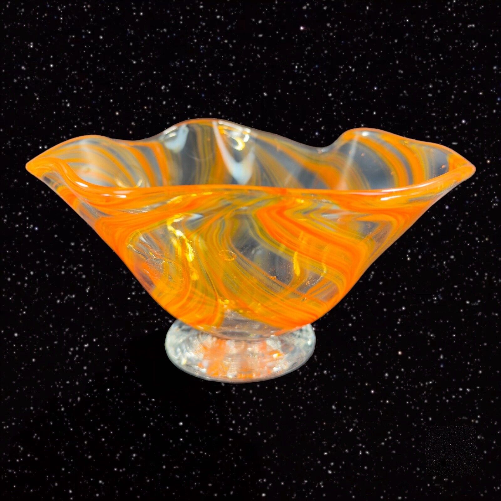 Hand Blown Clear Orange Swirls Bowl Dish Ruffled Top Glass Hand Made Glass VTG