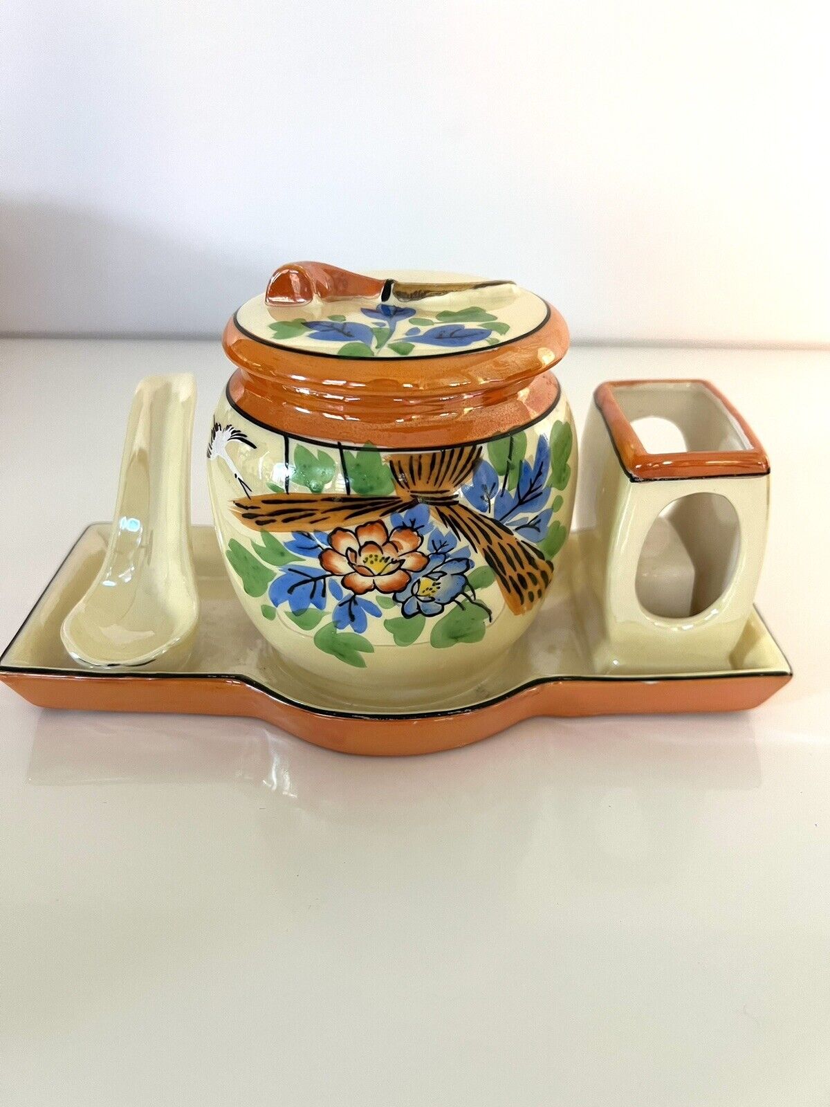 Vintage Lustre Ceramic Smokers Set Ash Tray Light Holder Floral Pipe Crane Rare