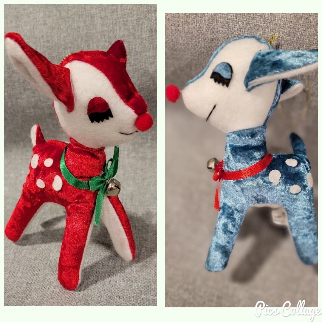 2pc Set Adorable Retro Deer Plush Christmas Ornaments Blue Red JingleBell MCM 6\