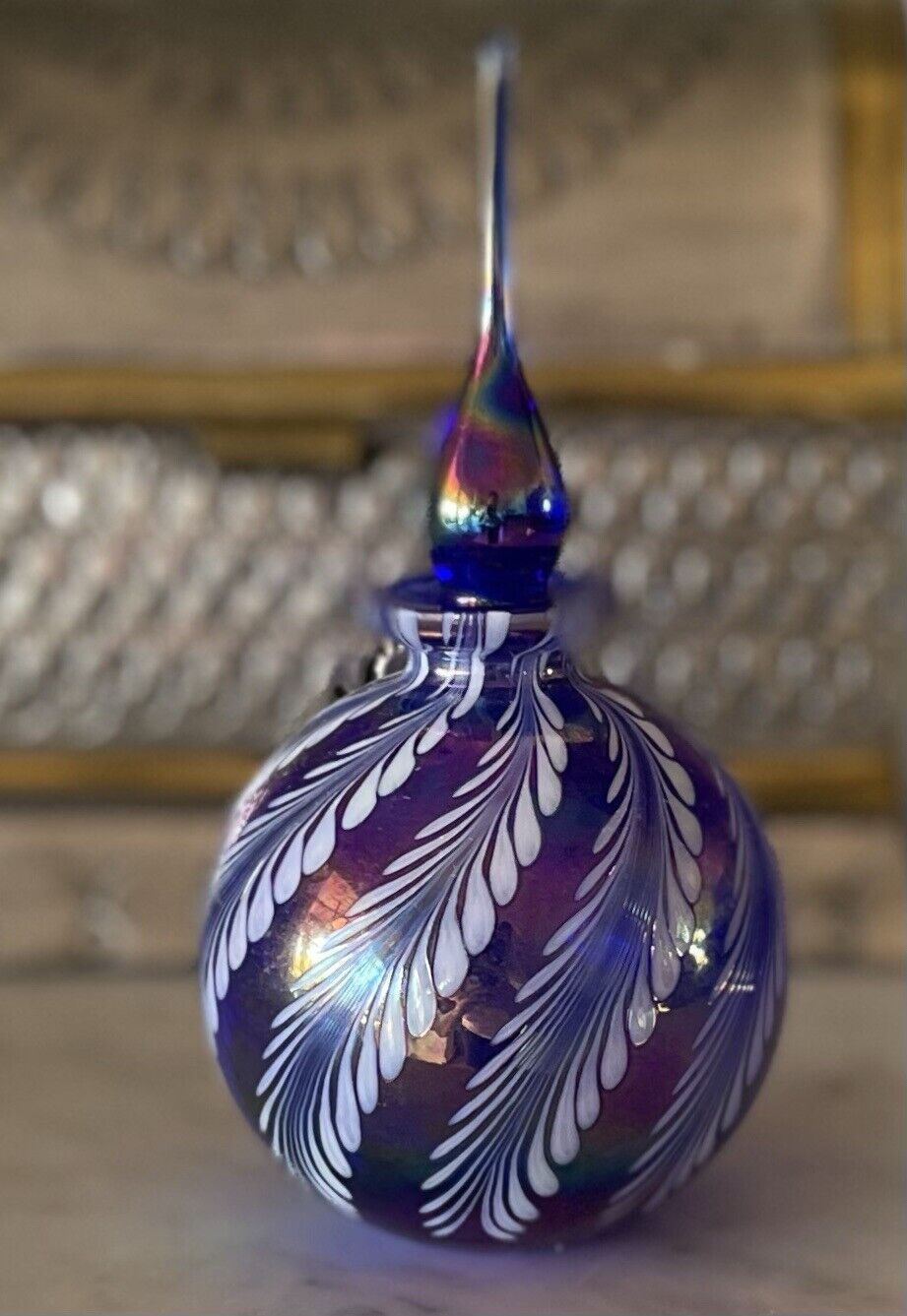 Vintage Silvestri Iridescent Blue Hand-Blown Glass Perfume Bottle Flame Stopper