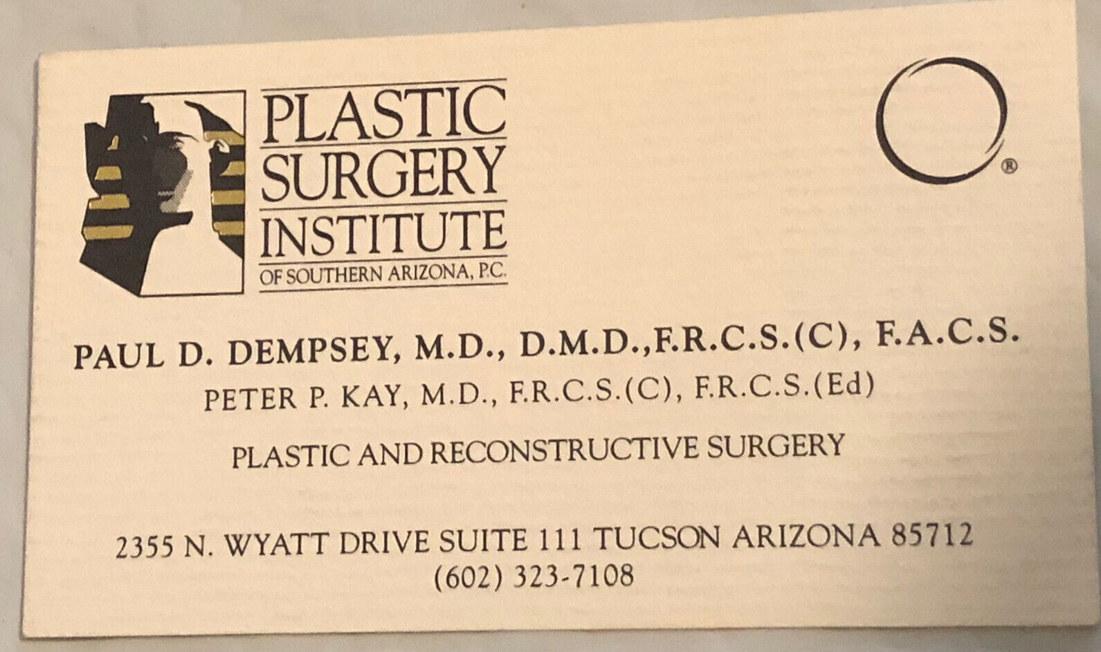 Vintage Plastic Surgery Institute Business Card Ephemera Tucson Arizona BC10