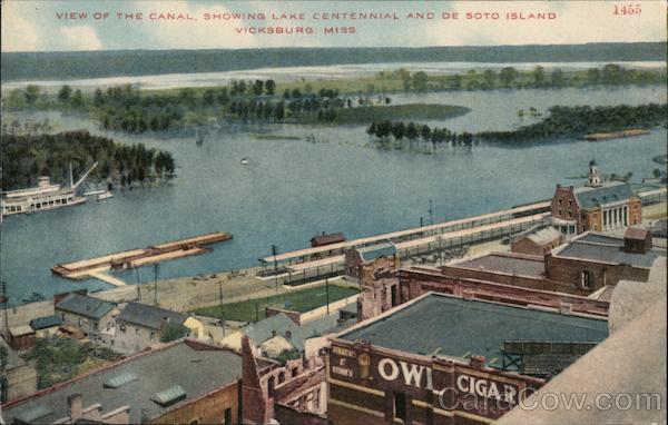 Vicksburg,MS View of Canal,showing Lake Centennial and De Soto Island Postcard
