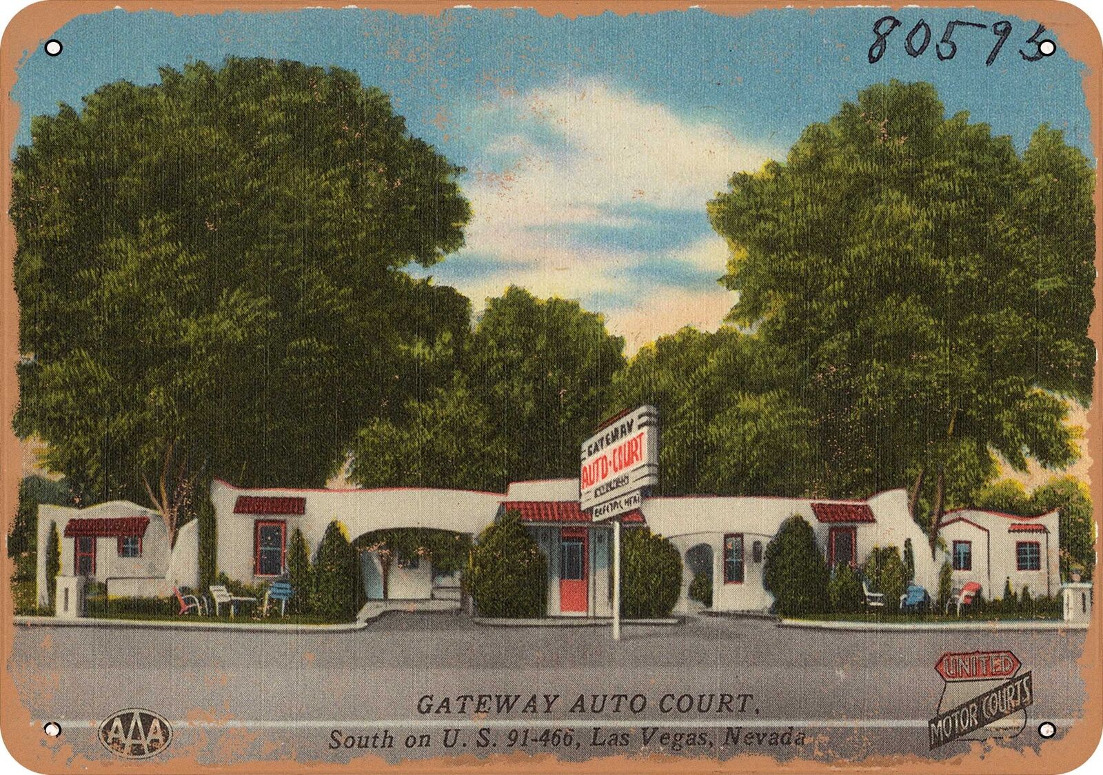 Metal Sign - Nevada Postcard - Gateway Auto Court, South on U.S. 91 - 466, Las