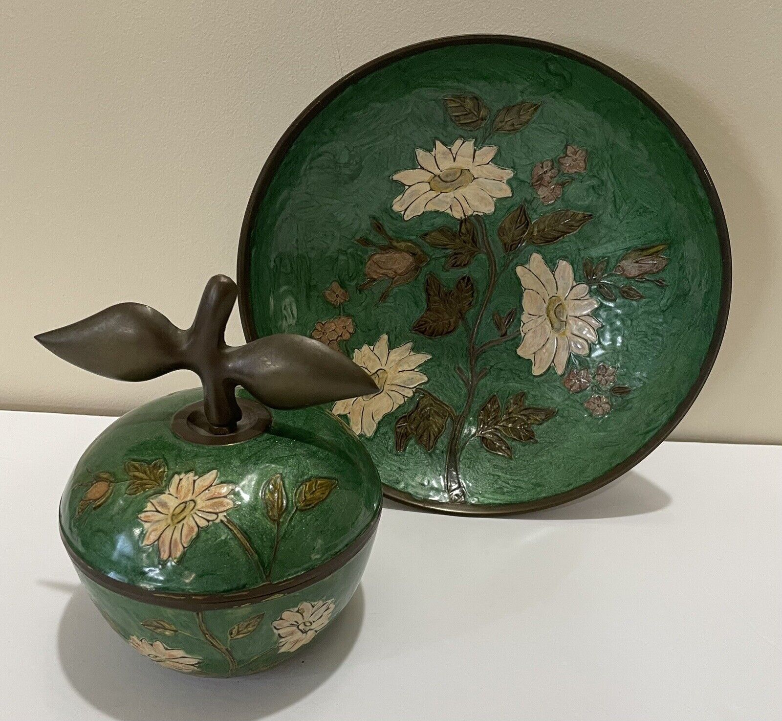 Vnt Green Floral Brass Enamel Cloisonne Apple Bowl Lid, Footed Bowl Dish Décor