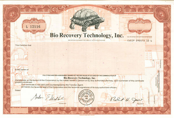 Bio Recovery Technology, Inc - Stock Certificate - Animals on Stocks and Bonds
