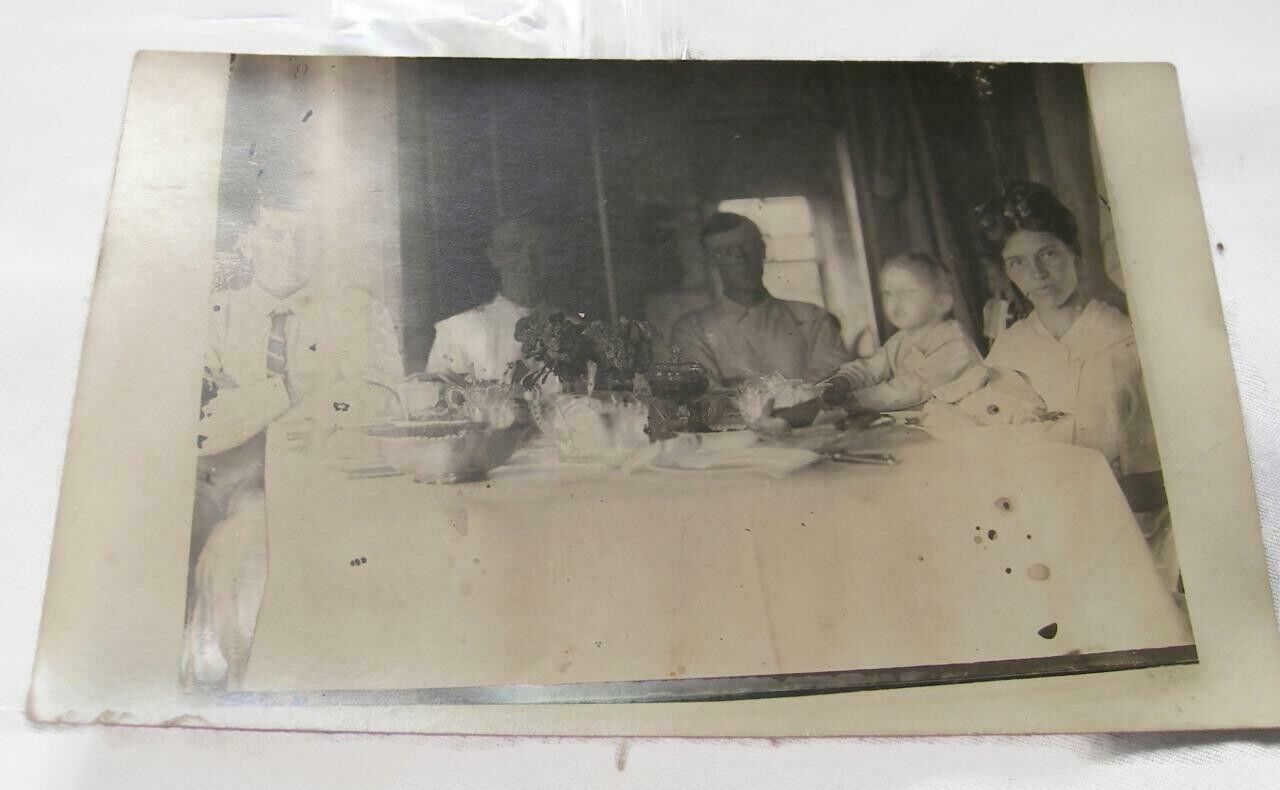 Vintage Real Photo Postcard - Family at Dinner Table