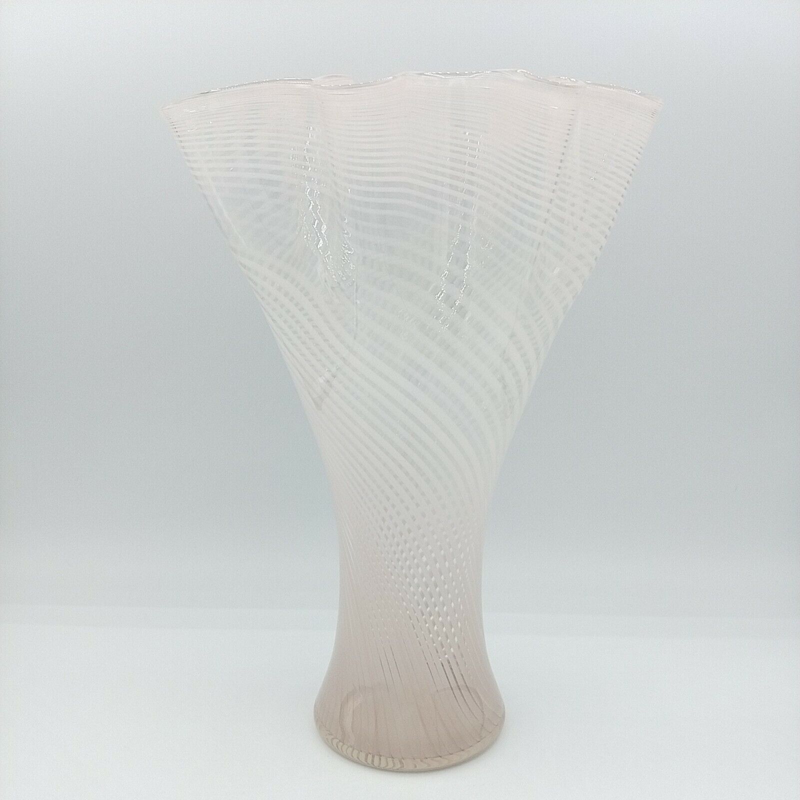 Vintage Scalloped Pale Pink Cream  Ribbon Swirl Vase  11.75\