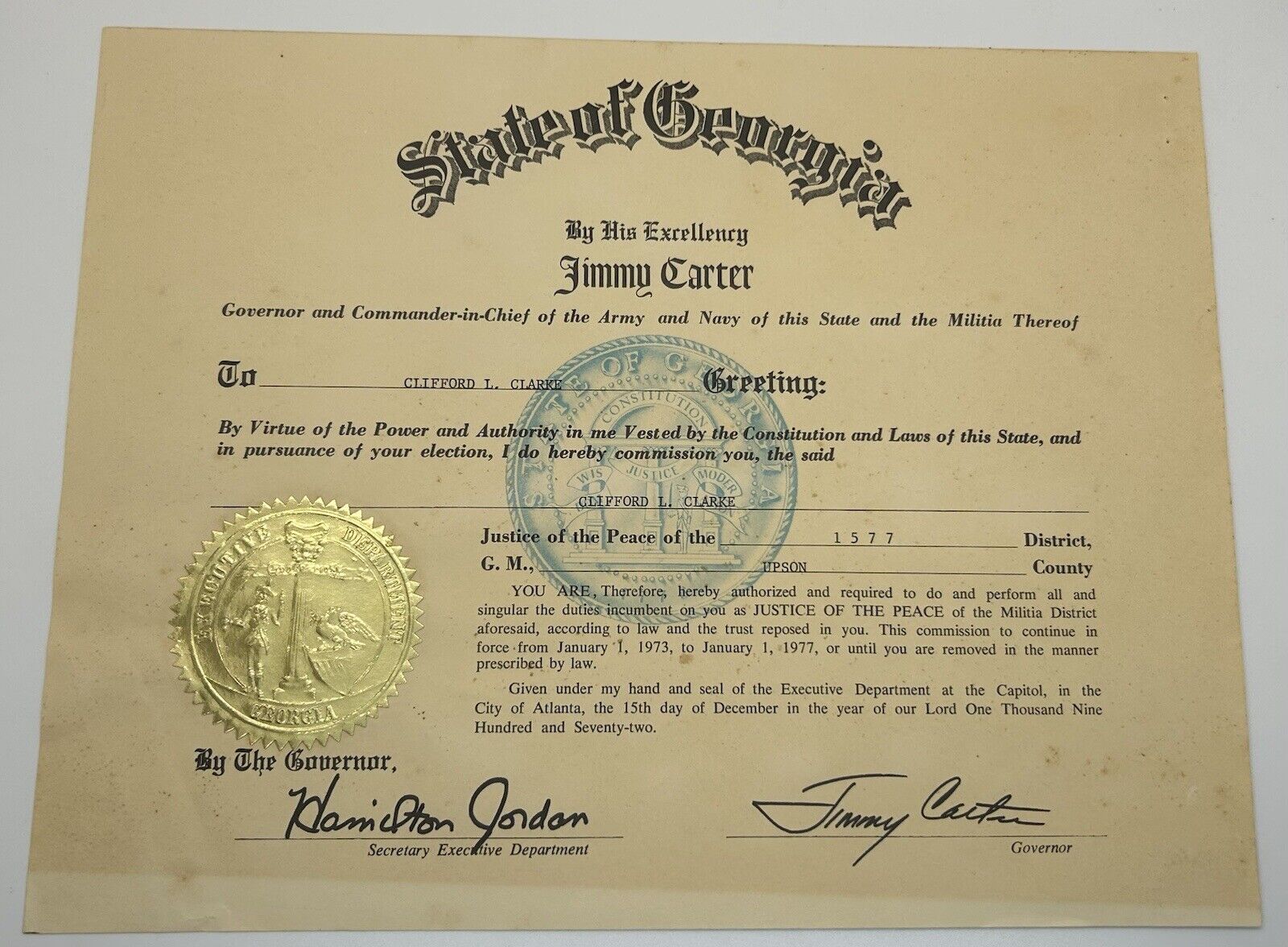 Jimmy Carter Signed 1973 Justice Of The Peace State Of Georgia Document FULL SIG