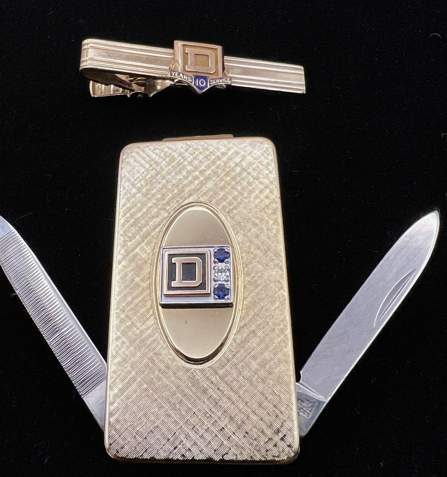 SQUARE D Money Clip/knife/file *REAL DIAMOND/Sapphire & Bonus Tie Clip Emp Award
