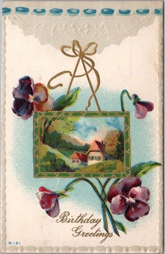 c1910s BIRTHDAY GREETINGS Embossed Postcard Cottage Scene / Violet Flowers