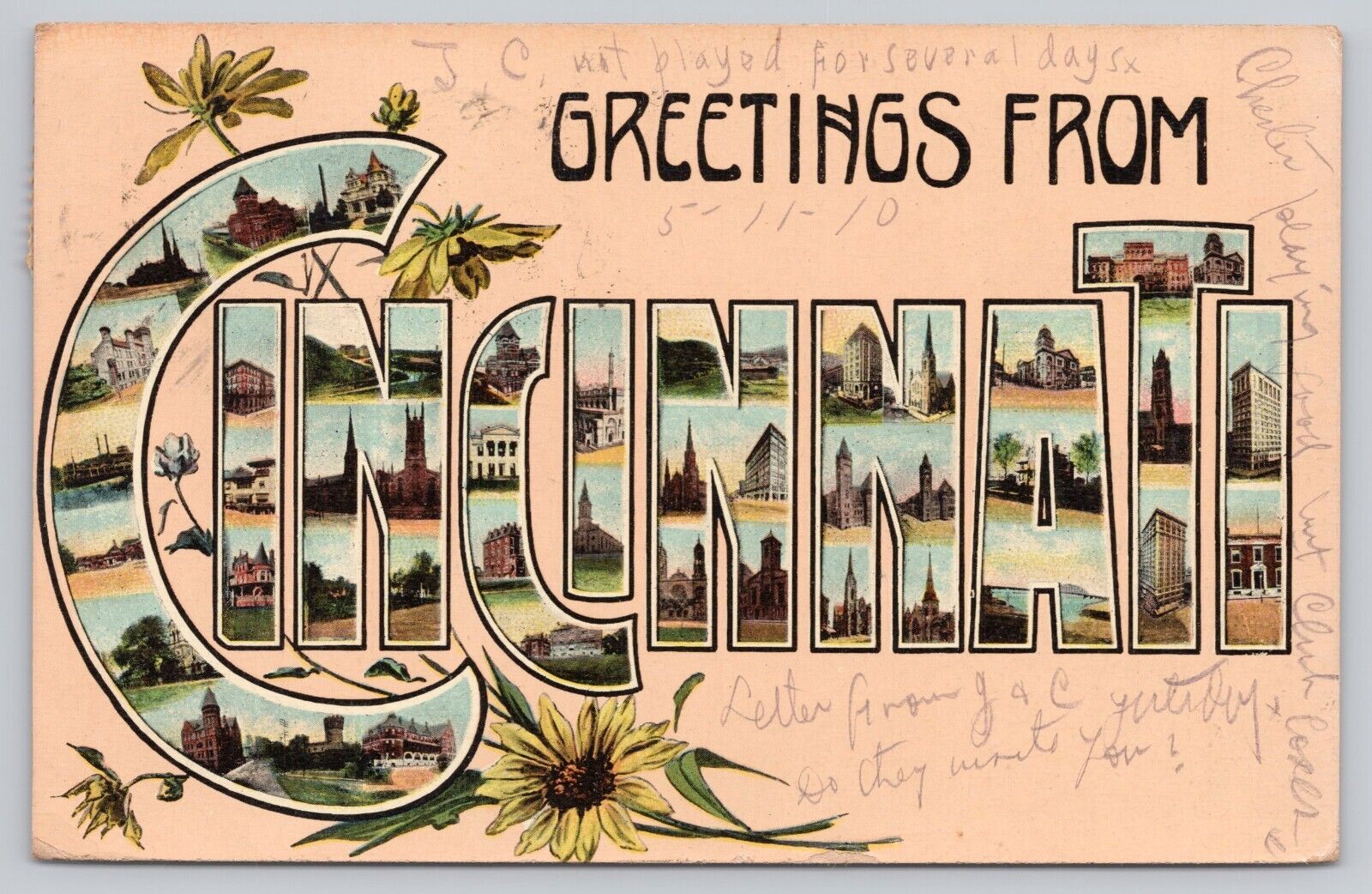 Cincinnati Ohio, Large Letter Greetings, Art Nouveau, Vintage Postcard