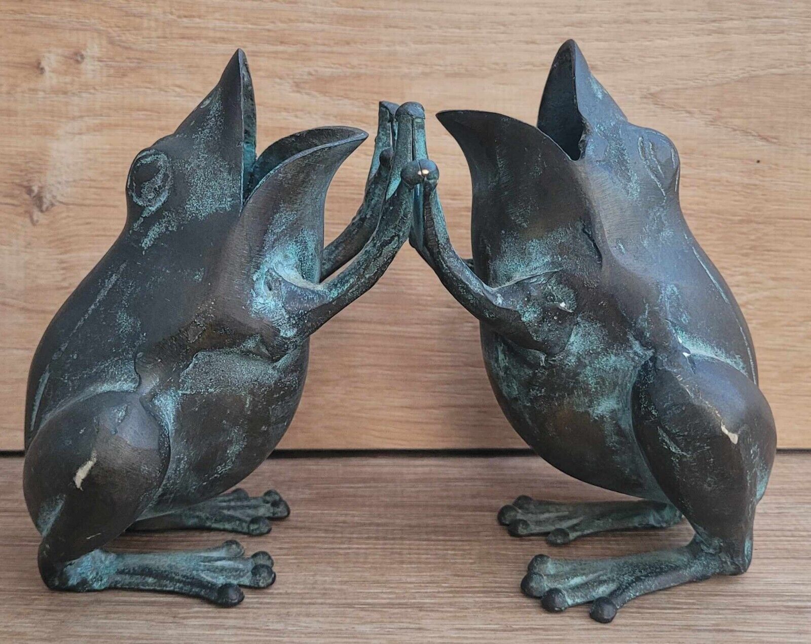 Vtg Verdigris Bronze Paddy Cake Garden Frog Open Mouth Vase Sculpture FREEUSHIP
