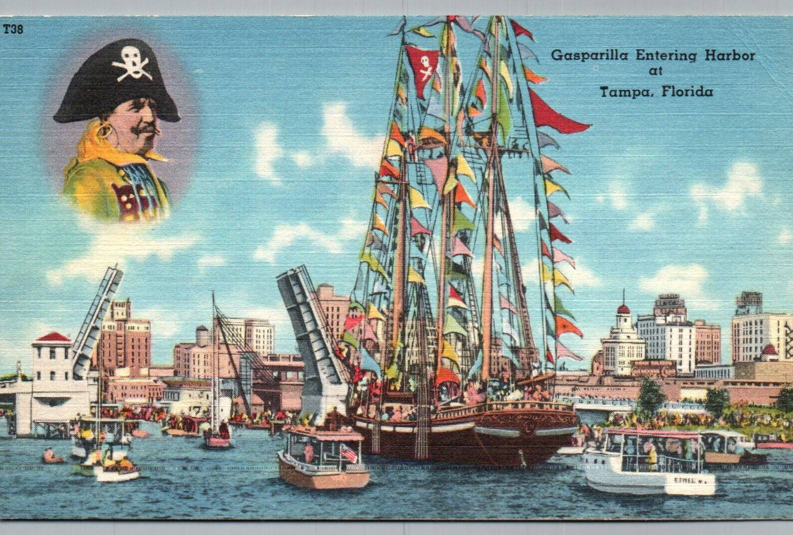 Tampa FL Postcard Gasparilla Entering Harbor Pirate Ship Vintage Linen Unused