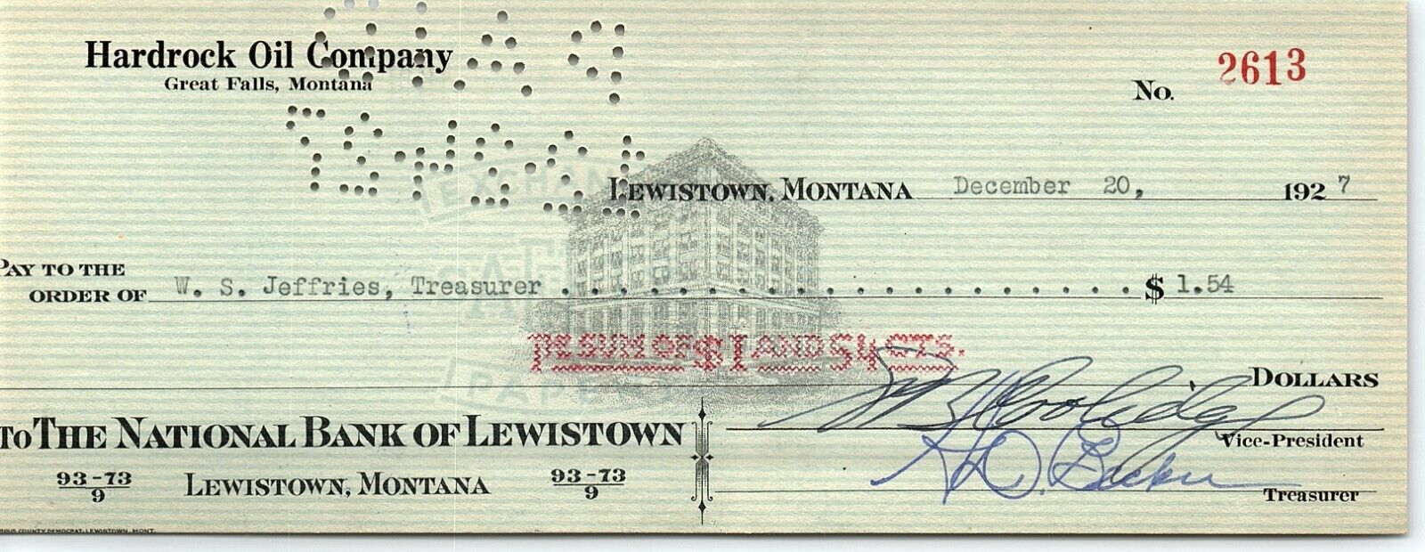 1927 GREAT FALLS MONTANA HARDROCK OIL CO NATIONAL BANK OF LEWISTOWN CHECK Z1610
