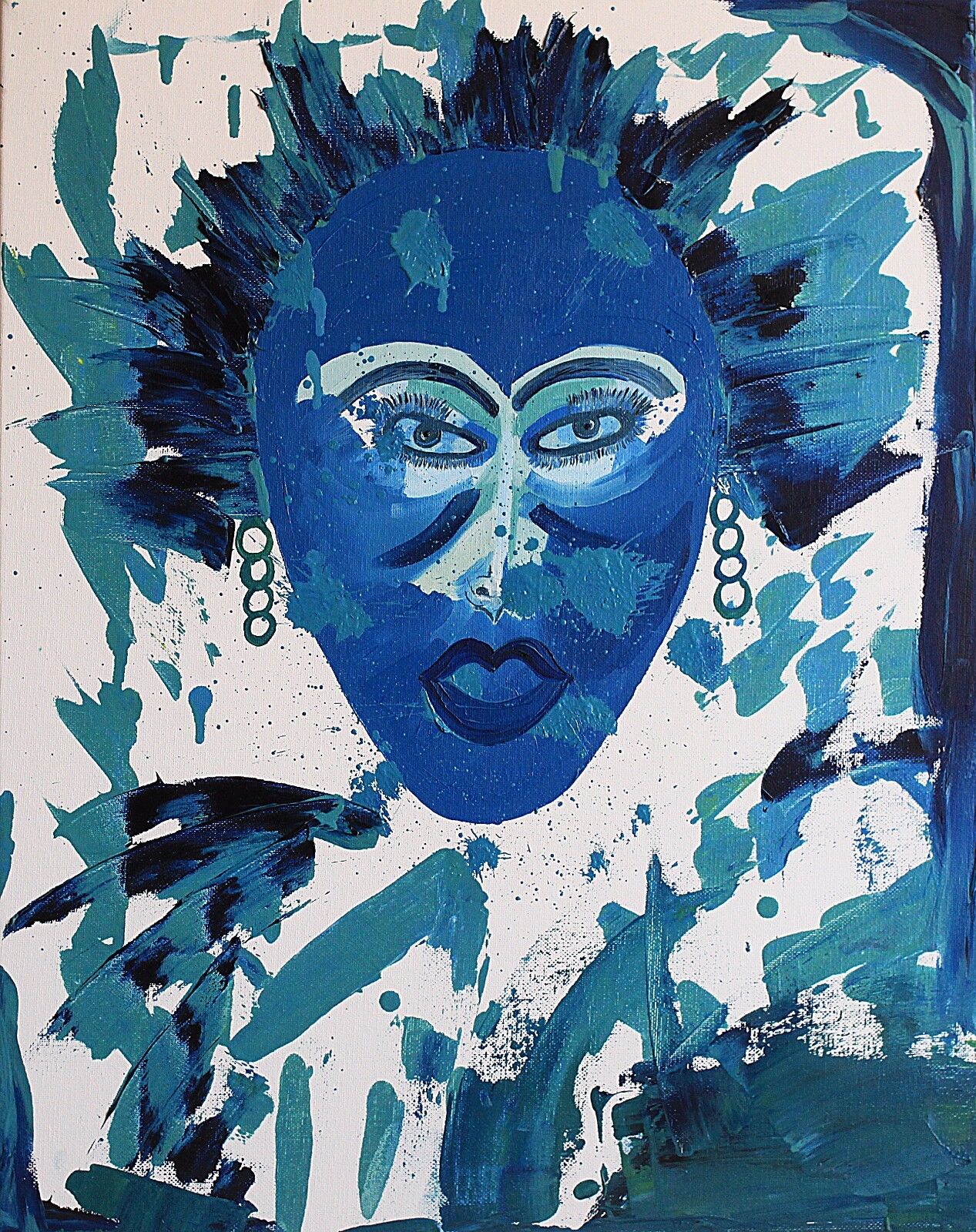 Original Painting Blue Green African Woman Songstress Mask Semi-Abstract Face
