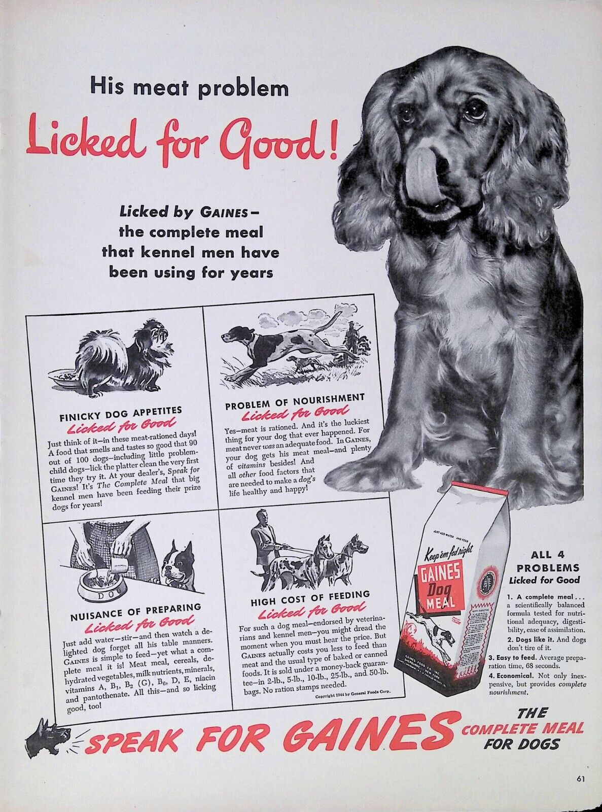 Vintage Print Ad 1944 Gaines Dog Food Meal Cocker Spaniel Licked Good