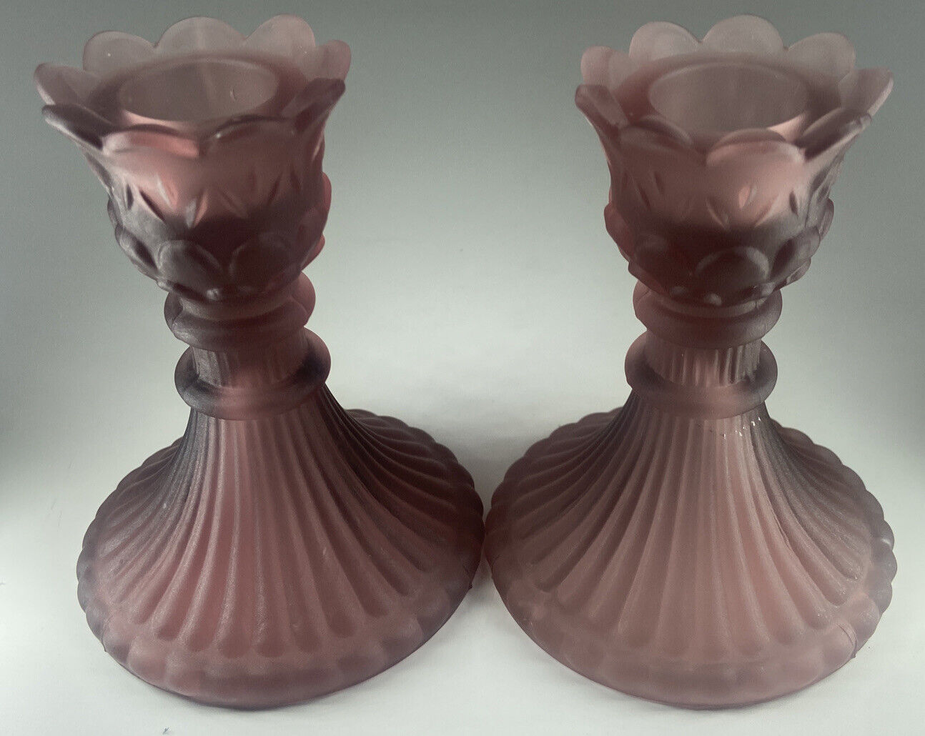1930s  Depression glass Vintage Pink/￼Amethyst Frosted Candle Holders a Pair 4”￼