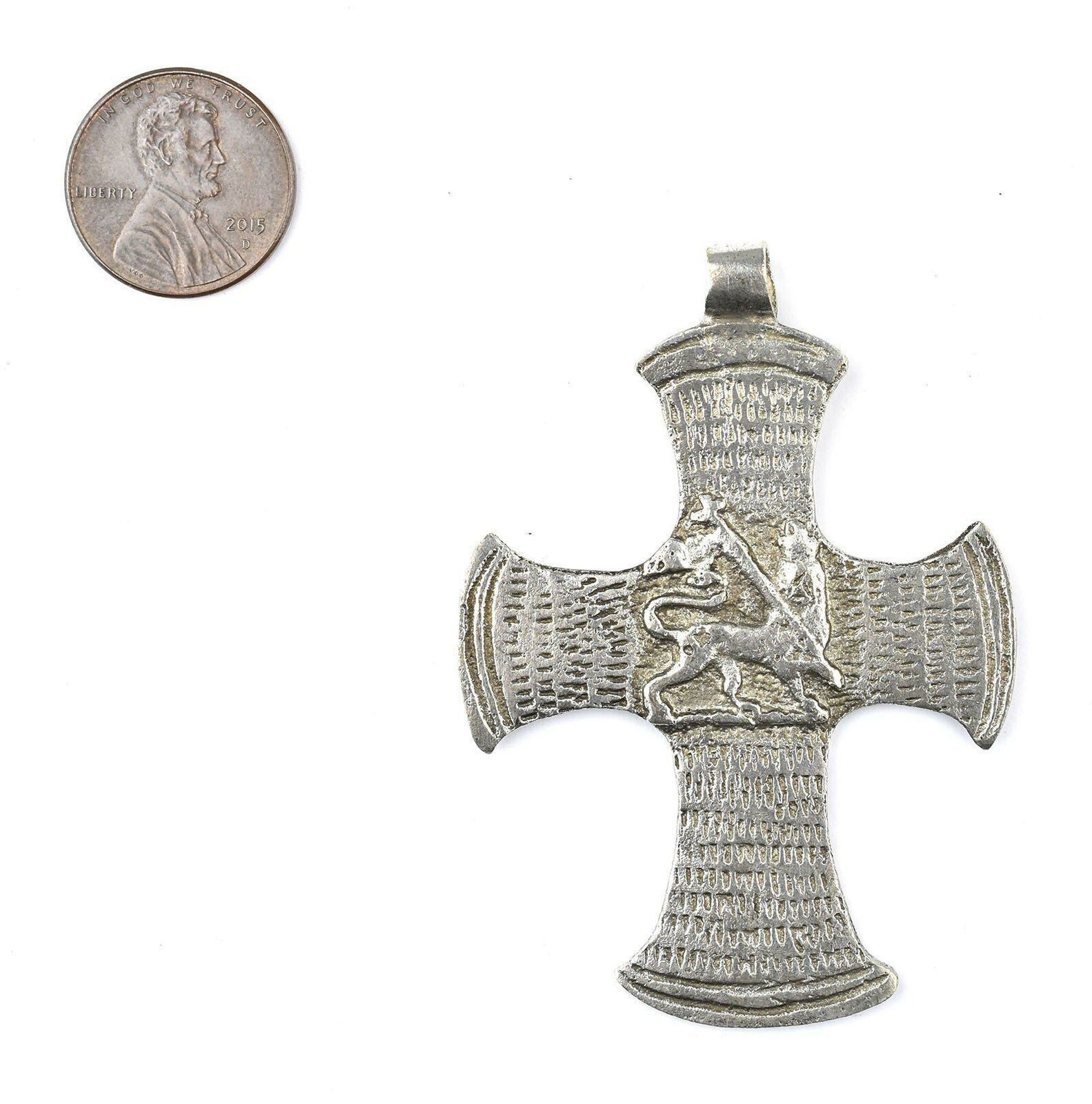 Lion of Judah Ethiopian Cross Pendant African Silver White Metal Large Hole