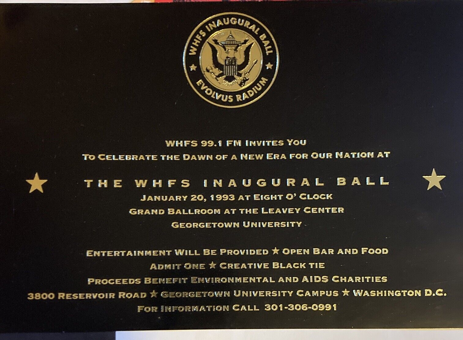 WHFS Inaguaral ball invite 1993 american history HIV Clinton white house invites
