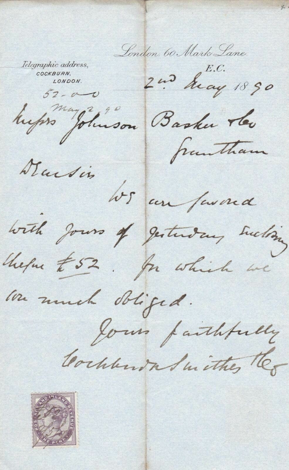 COCKBURN, MARK LANE, LONDON 1890 Johnson Basker&Co Alcohol Stamp Receipt   46873