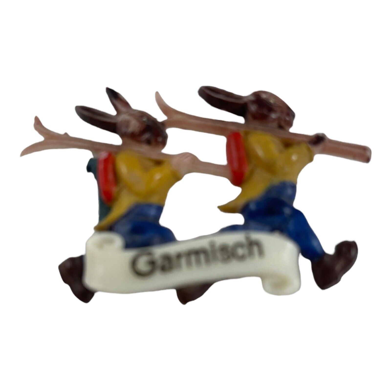 Vintage Plastic Souvenir Pin Garmisch Germany Rabbits Skiing