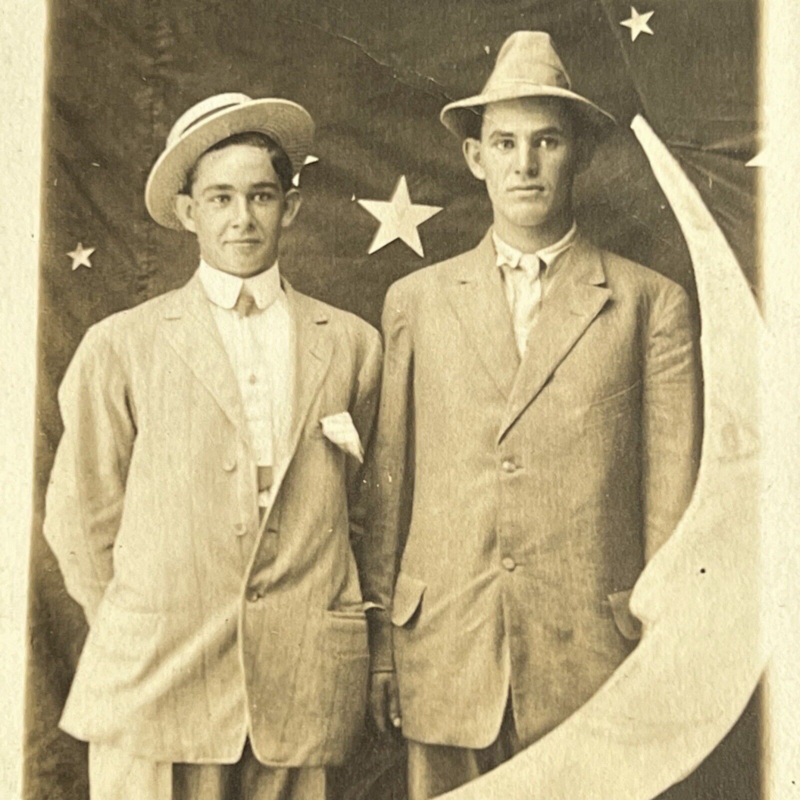 Antique RPPC Real Postcard Photograph Handsome Young Men Paper Moon Stars ID