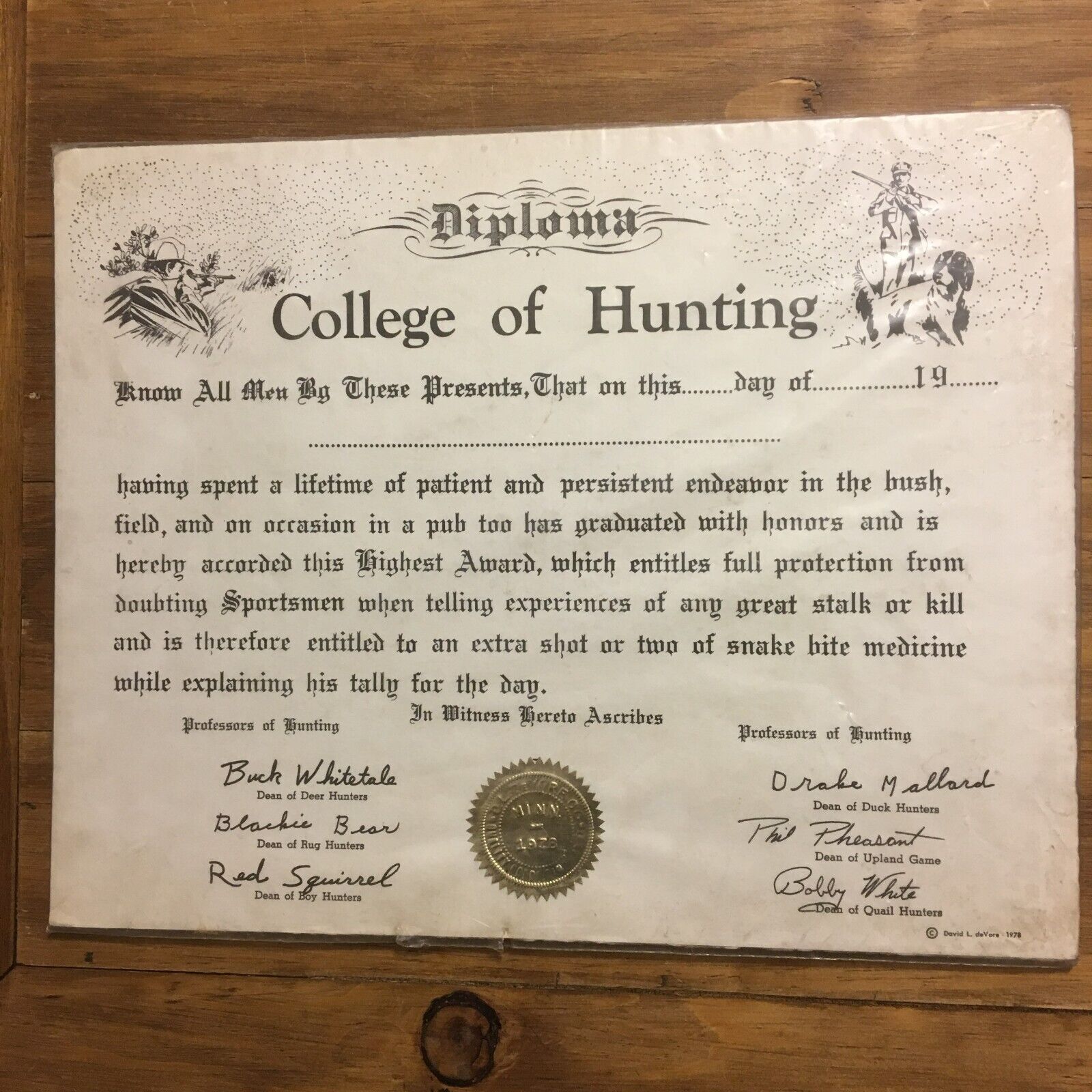 college of hunting diploma MN 1978 Minnesota signed by deer bear squirrel duck