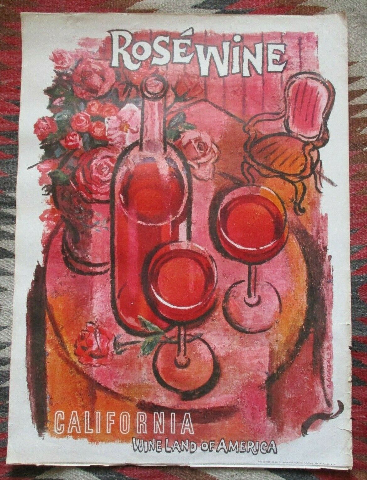 Original 1965 Amado Gonzalez California Wine Land Poster 21 X 28 1/2 Inches Rose