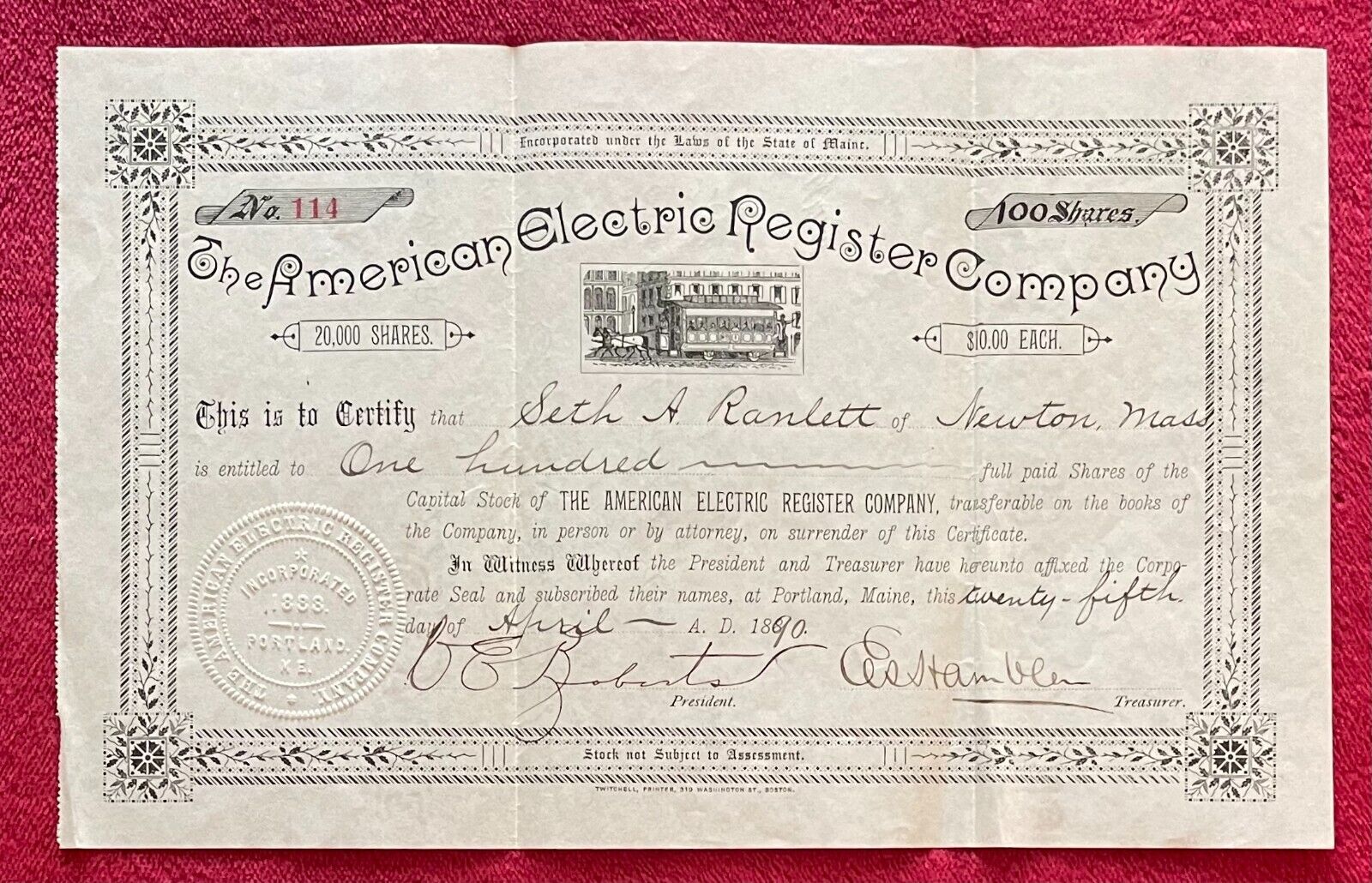 THE AMERICAN ELECTRIC REGISTER COMPANY - PORTLAND MAINE - 1890 STOCK CERTIFICATE