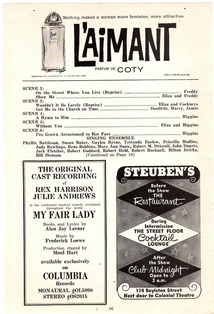 1961 Print Ad  Coty L'Aimant Parfum/Steuben's Resturant Boston/Recording My Fair