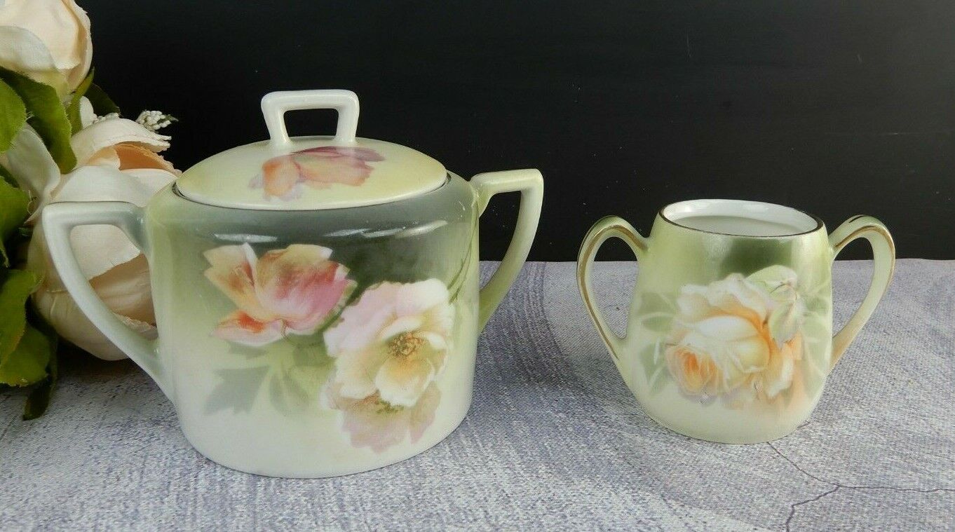 RS Germany Hand Painted Porcelain Sugar Bowl And Toothpick Holder