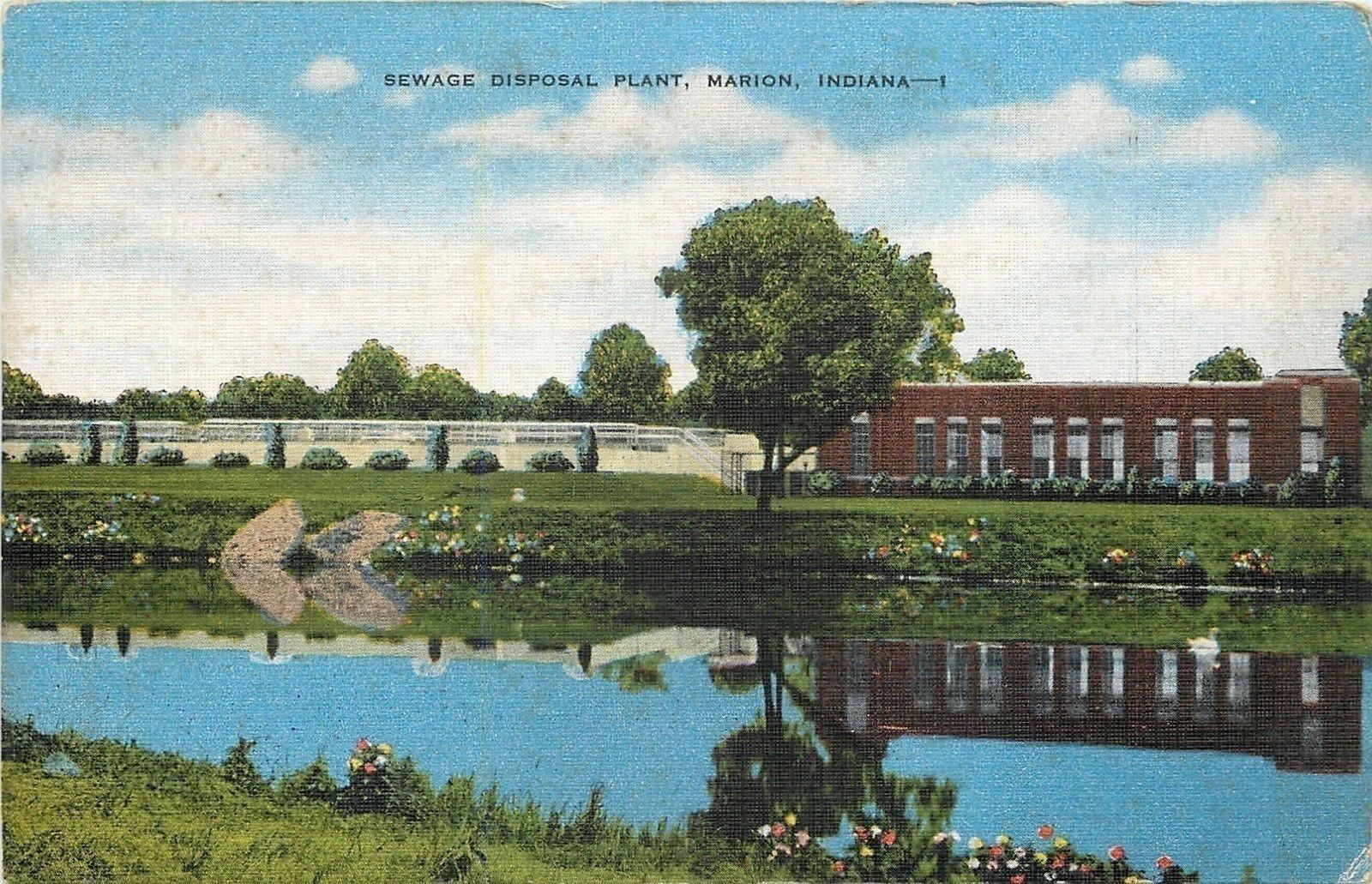 Marion Indiana~Sewage Disposal Plant~1940s Linen Postcard