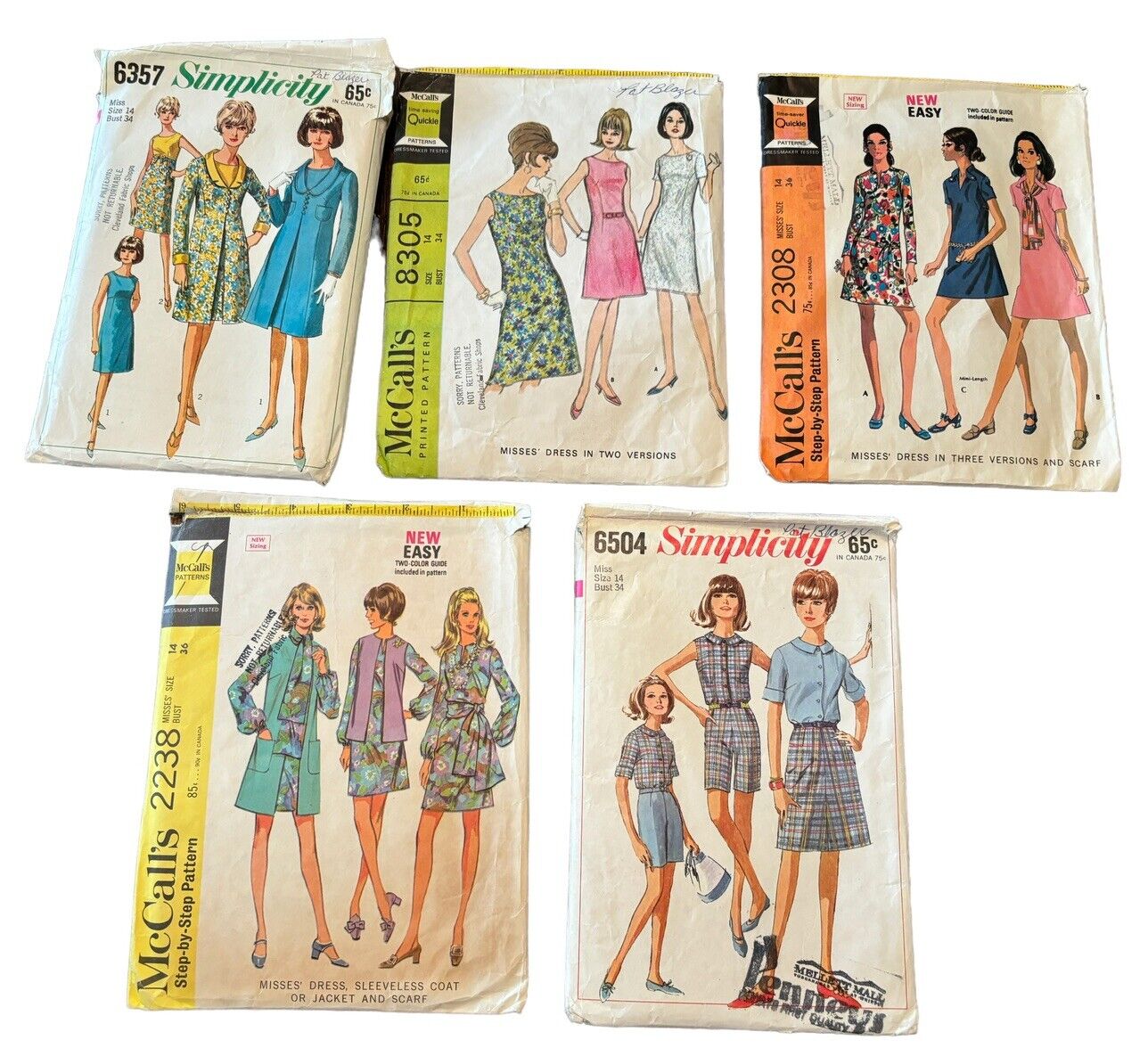 Vintage Simplicity McCall Sewing Pattern Lot Miss Sz 14 60's Retro Clothing Cut