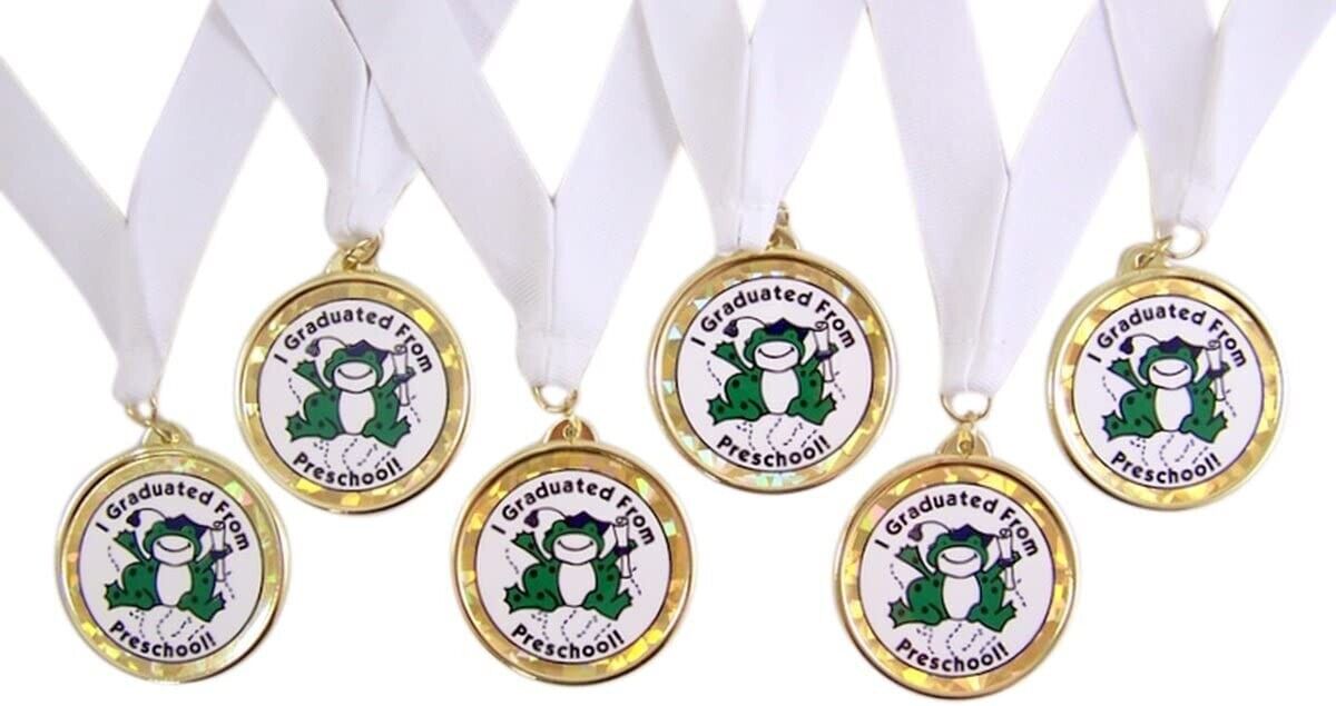 Pack of 6 I Graduated from Preschool Graduation Award Medals on White Ribbons, 2