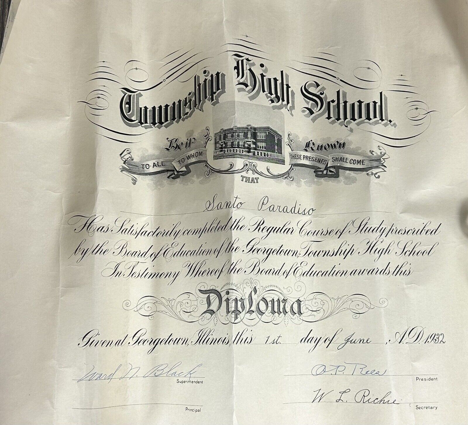 Vintage Township High School Santo Paradiso Diploma 20.5” x 16”
